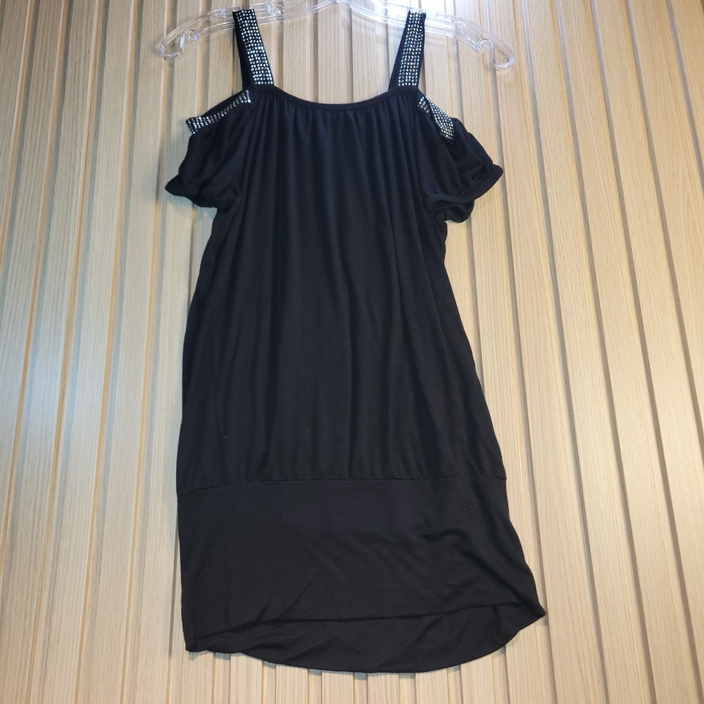 Ocasion Womens Black Rhinestone Strap Cold Shoulder Tunic Top Small RSP-106